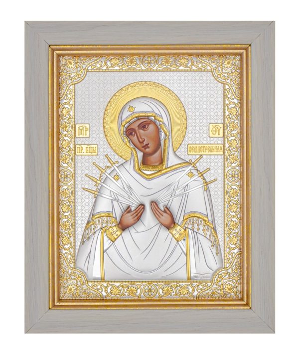 Семистрельная БМ, икона прямоугольная в рамке под стеклом, белое дерево 232х280