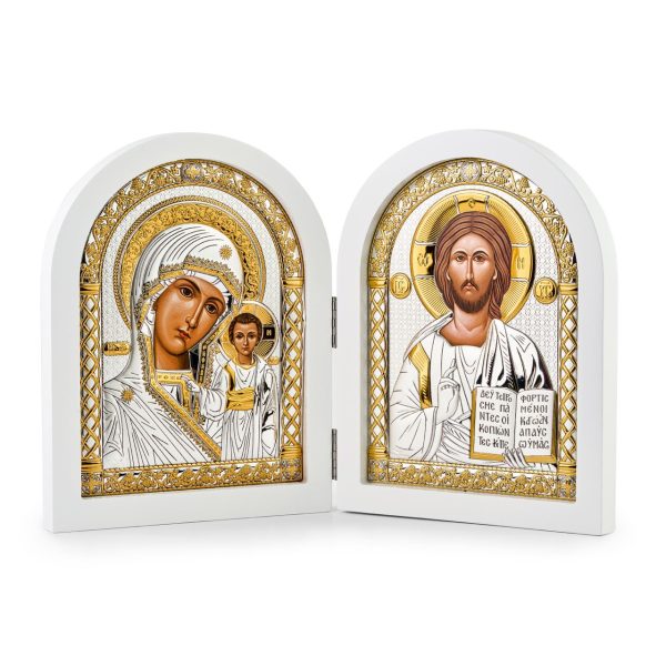 Складень, Спаситель, Казанская БМ, икона арочная, белое дерево 140x200