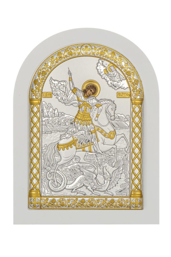 Георгий Победоносец, икона арочная, белое дерево 57х75