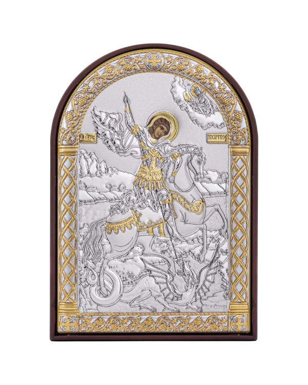 Георгий Победоносец, икона арочная, пластик коричневый 62x88