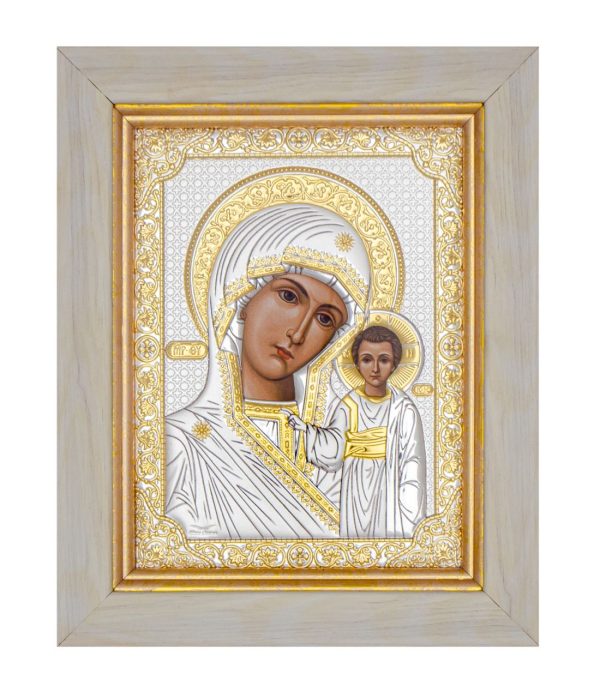 Казанская БМ, икона прямоугольная в рамке под стеклом, белое дерево 232х280