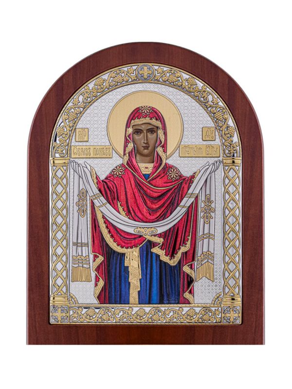 Покрова БМ, икона арочная, красное дерево, эмаль 60х75