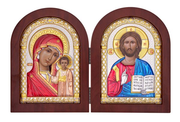 Складень, Спаситель, Казанская БМ, икона арочная, красное дерево, эмаль 230x360