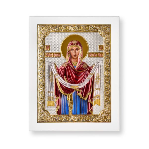 Покрова, икона прямоугольная с рамкой, белое дерево, эмаль 185х235