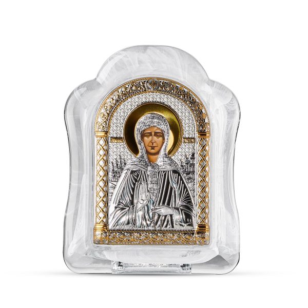 Матрона, икона арочная, белое муранское стекло 103х147