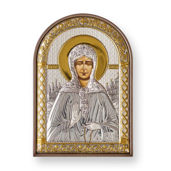 Матрона, икона серебряная, пластик коричневый 80х115