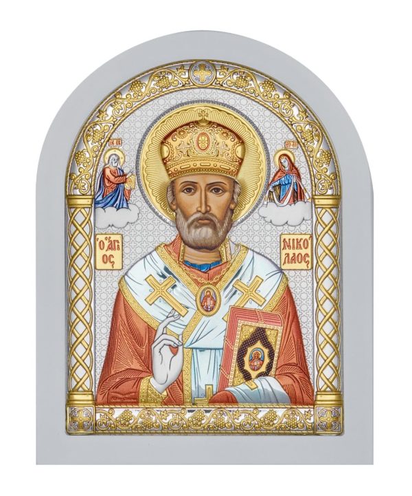 Николай Чудотворец, икона арочная, белое дерево, эмаль 150х200