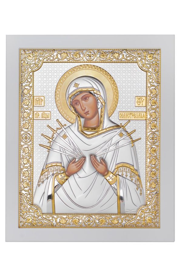 Семистрельная БМ, икона прямоугольная с рамкой, белое дерево 210х260