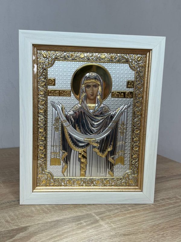 Покрова БМ, икона прямоугольная в рамке под стеклом, белое дерево 170х210
