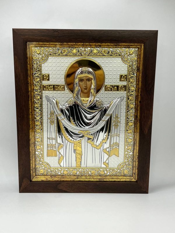 Покрова БМ, икона прямоугольная в рамке под стеклом, красное дерево, 232х280