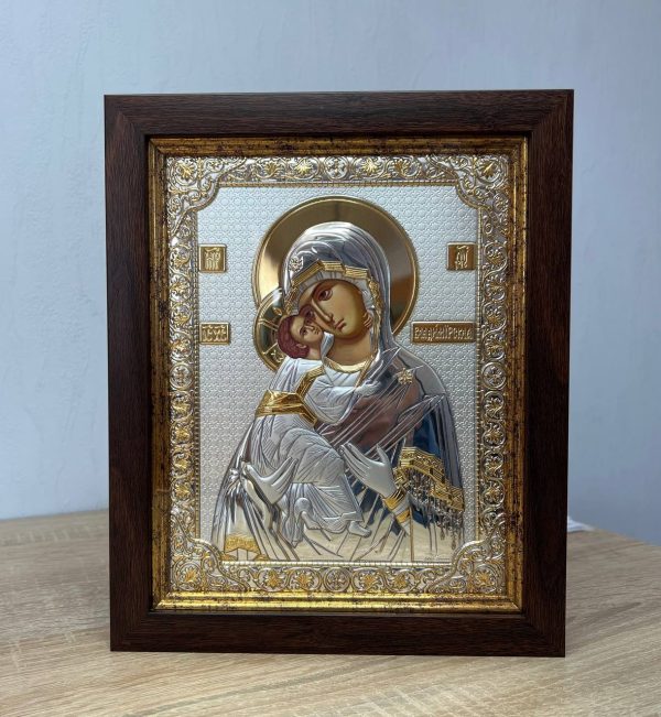 Владимирская БМ, икона прямоугольная в рамке под стеклом, красное дерево 206х258