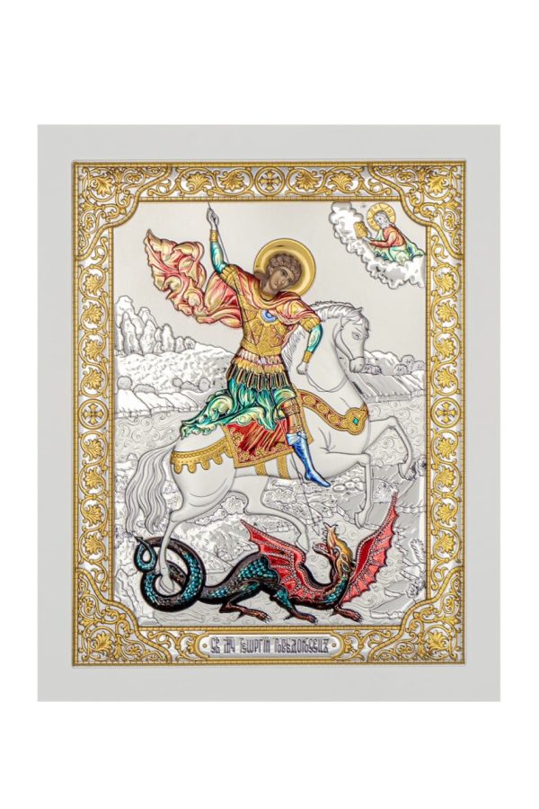 Георгий Победоносец, икона прямоугольная с рамкой, белое дерево, эмаль 185х235