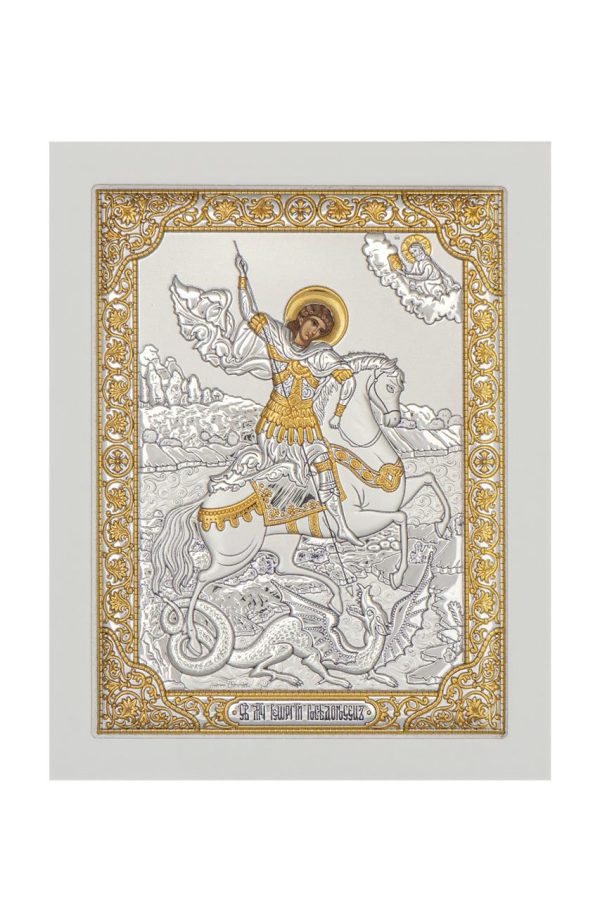 Георгий Победоносец, икона прямоугольная с рамкой, белое дерево 185х235