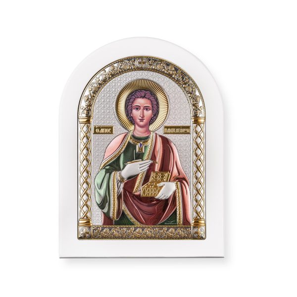 Пантелеймон, икона арочная, белое дерево, эмаль 175х225
