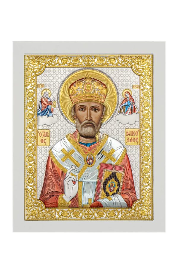 Николай Чудотворец, икона прямоугольная с рамкой, белое дерево, эмаль 210х260