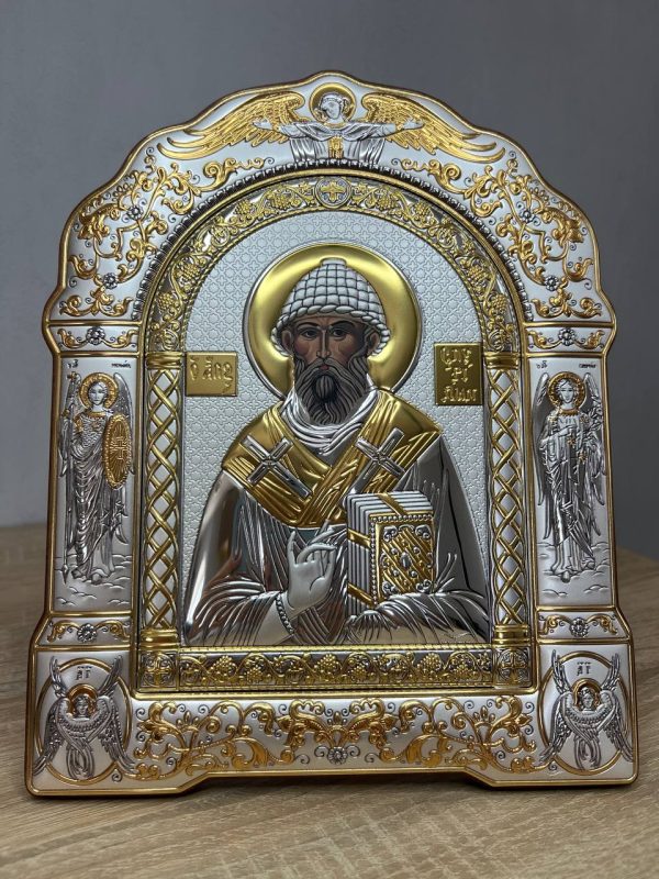 5aa7c59e874303171d491349c2764d27.jpg Спиридон, икона арочная с рамкой, красное дерево 206х270