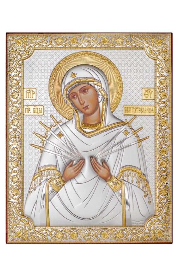 Семистрельная БМ, икона прямоугольная без рамки, красное дерево 175х225