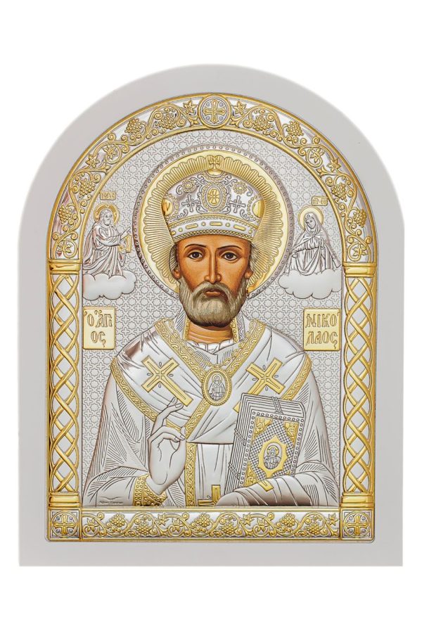 626997d90fec1d5abc25b5341c4e9c8e.jpg Николай Чудотворец, икона арочная, белое дерево 150х200