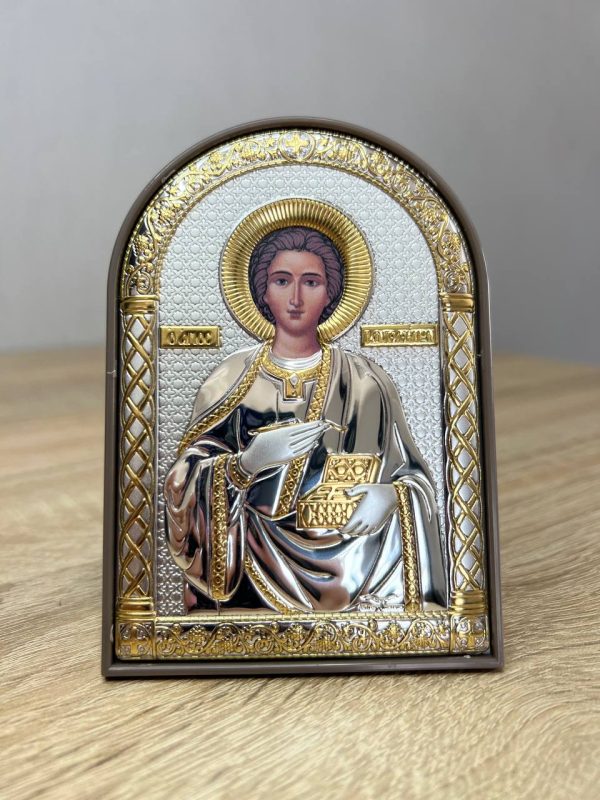 Пантелеймон, икона арочная, пластик коричневый 80х115