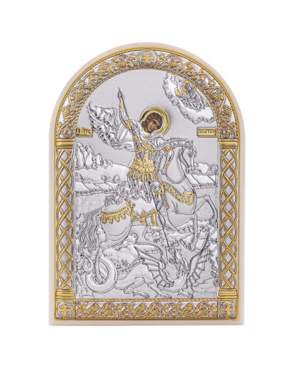 Георгий Победоносец, икона арочная, пластик белый 62x88