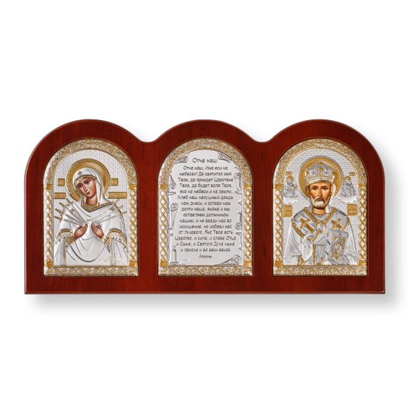 739970e3c1b542d880f3a2bd4efb1c95.jpg Триптих, Семистрельная БМ, Николай, Молитва, икона, красное дерево 320х160