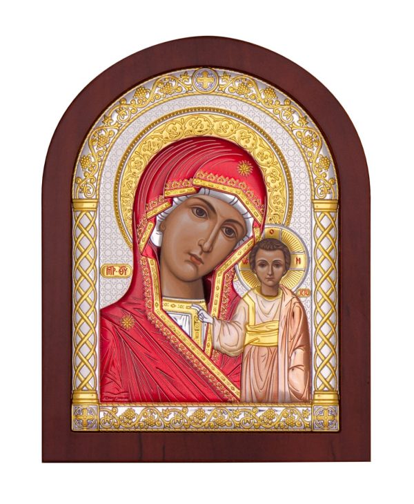 Казанская БМ, икона арочная, красное дерево, эмаль 206х275