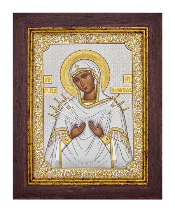 Семистрельная БМ, икона прямоугольная в рамке под стеклом, красное дерево 232х280