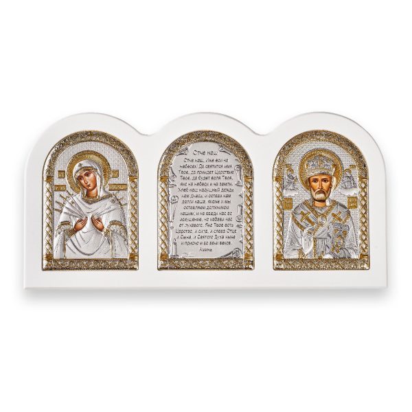 7a34ae833451c375ef10c8fa539b1dd8.jpg Триптих, Семистрельная БМ, Николай, Молитва, икона, белое дерево 320х160