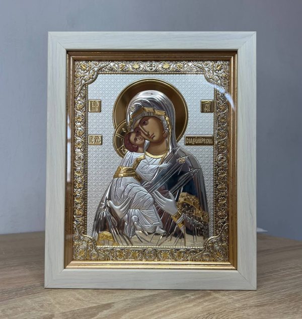 Владимирская БМ, икона прямоугольная в рамке под стеклом, белое дерево 206х258