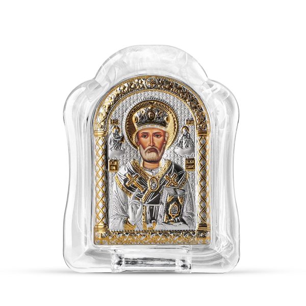 806aa66a4c04b8dbffa8d8884e6d5ee7.jpg Николай Чудотворец, икона арочная, белое муранское стекло 103х147