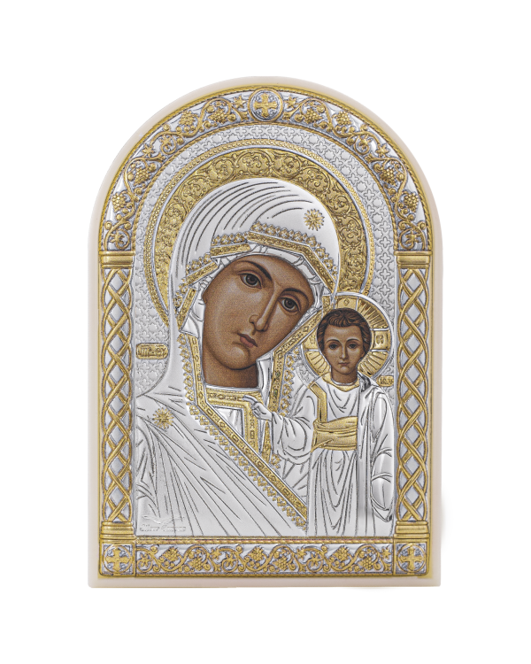 807309d0855a243e4cbc6e20fef55969.png Казанская БМ, икона арочная, пластика белый 80х115