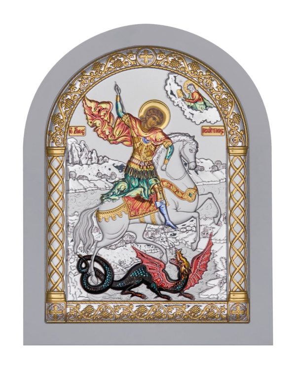 Георгий Победоносец, икона арочная, белое дерево, эмаль 105х140