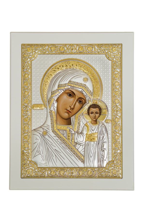 Казанская БМ, икона прямоугольная с рамкой, белое дерево 210х260