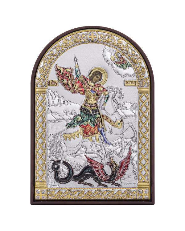 Георгий Победоносец, икона арочная, пластик коричневый, эмаль 80х115