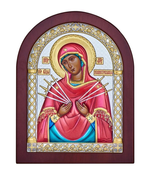 Семистрельная БМ, икона арочная, красное дерево, эмаль 175х225