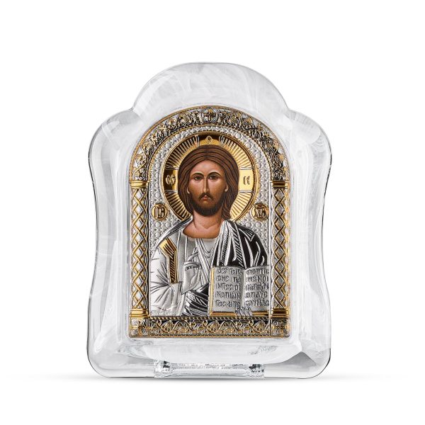 Спаситель, икона арочная, белое муранское стекло 103х147