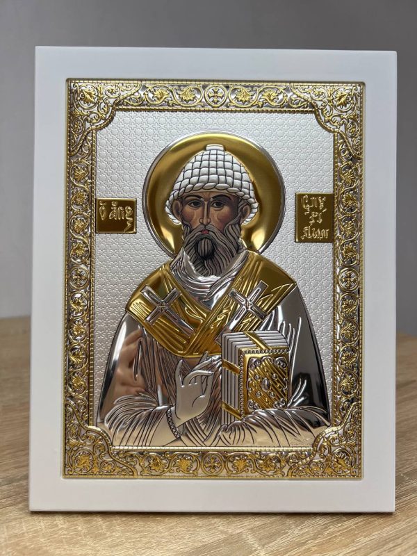Спиридон, икона прямоугольная с рамкой, белое дерево 185х235