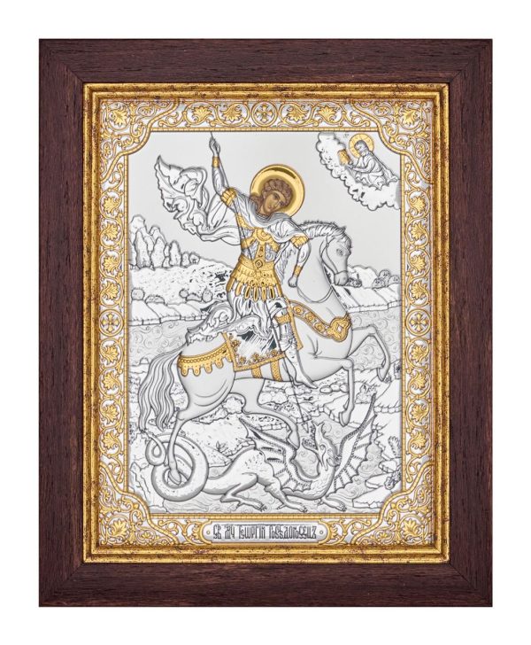 Георгий Победоносец, икона прямоугольная в рамке под стеклом, красное дерево 232х280