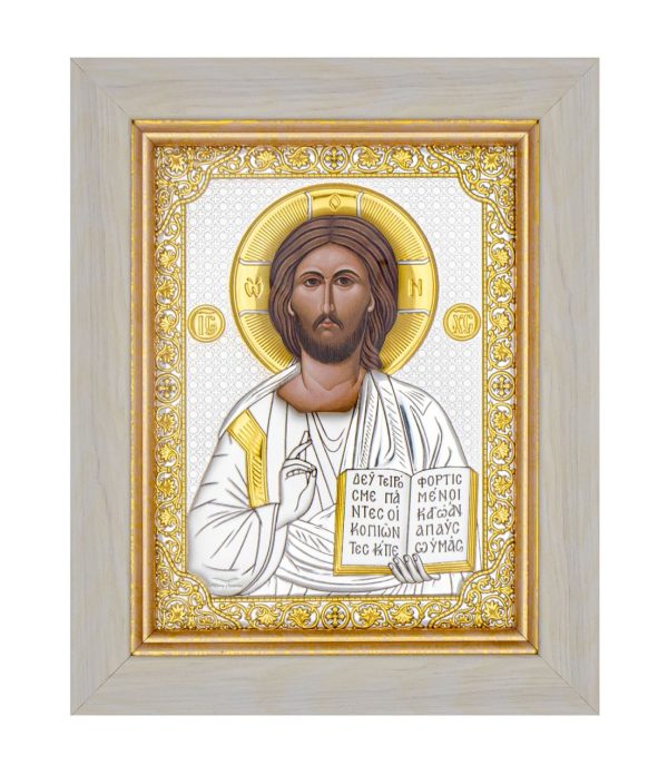 97bab018405c82087c89421d33e1abea.jpg Спаситель, икона прямоугольная в рамке под стеклом, белое дерево 206х258