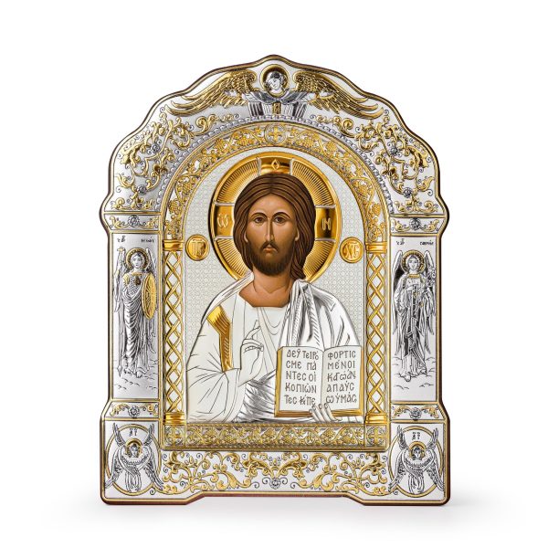 Спаситель, икона арочная с рамкой, белое дерево 167х228