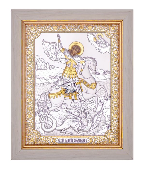 Георгий Победоносец, икона прямоугольная в рамке под стеклом, белое дерево 170х210