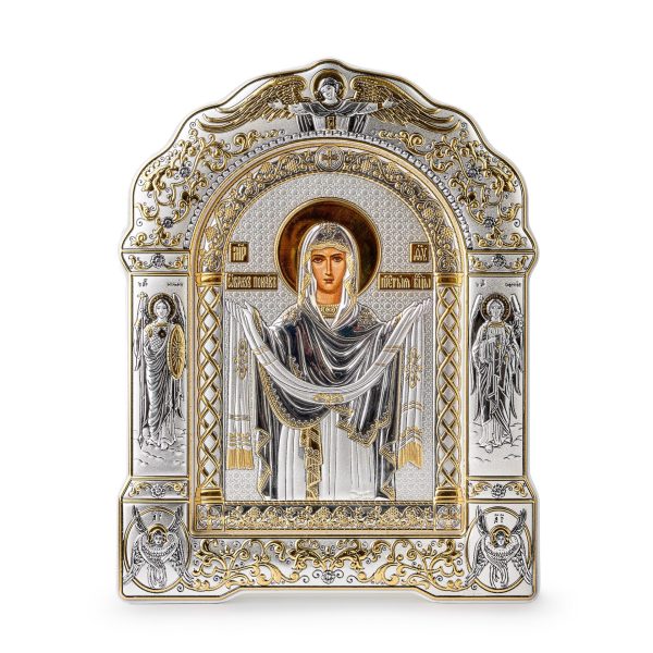 Покрова БМ, икона арочная с рамкой, белое дерево 167х228