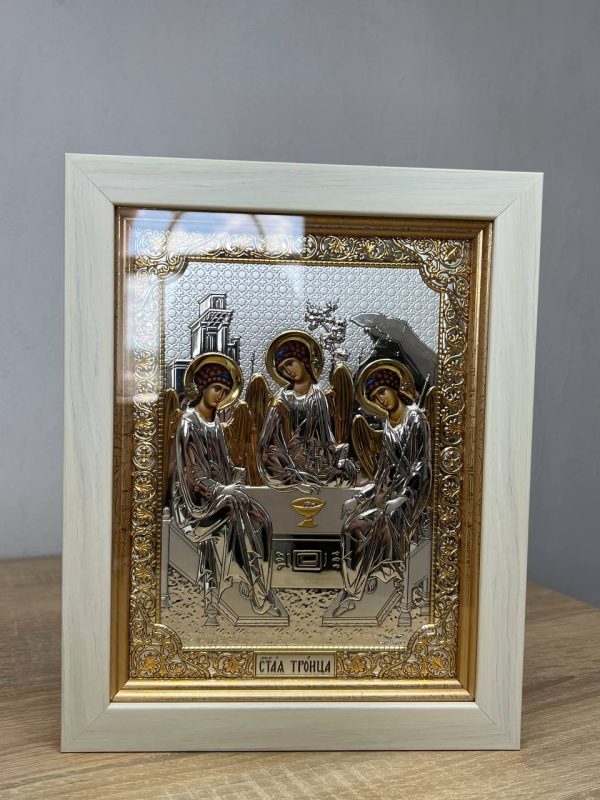 Св. Троица, икона прямоугольная в рамке под стеклом, белое дерево 206х258