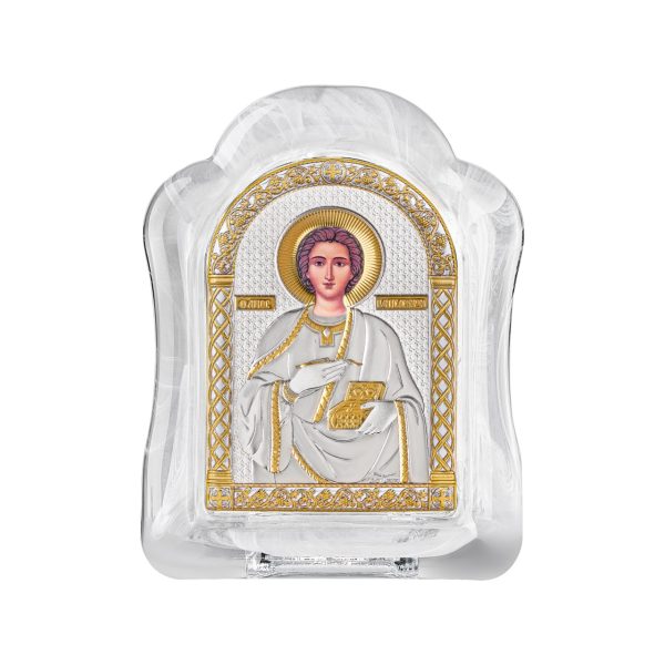 Пантелеймон, икона арочная, белое муранское стекло 65х85