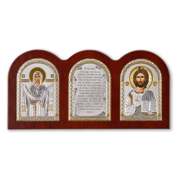 afa3bf117514aaa9a5779e3311e22028.jpg Триптих, Спаситель, Покрова БМ, Молитва, икона, красное дерево 320х160