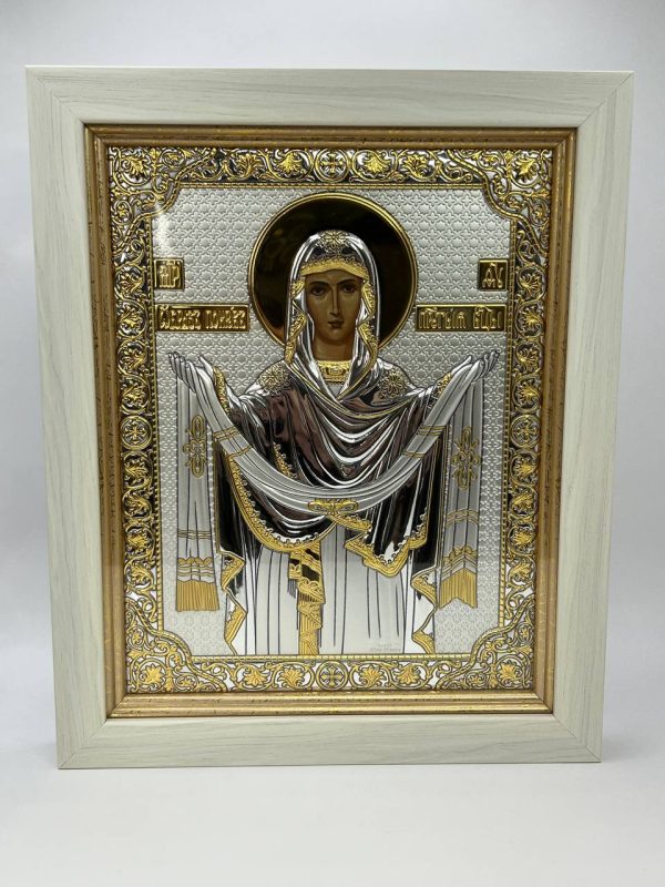 Покрова БМ, икона прямоугольная в рамке под стеклом, белое дерево, 232х280