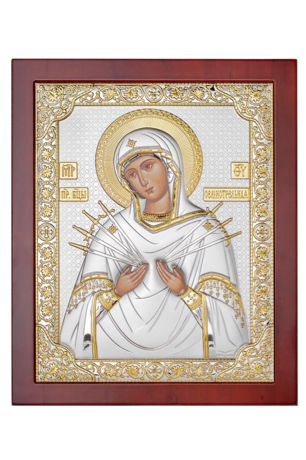 Семистрельная БМ, икона прямоугольная с рамкой, красное дерево 185х235
