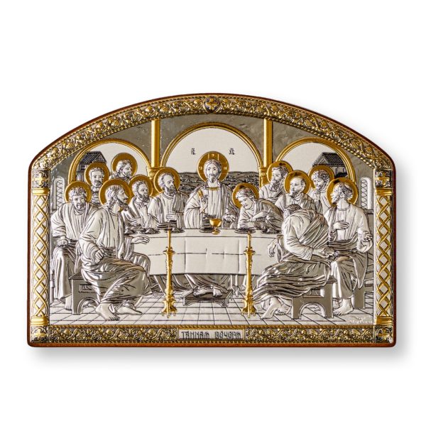 Тайная Вечеря, икона арочная без рамки, лик металл, красное дерево, 115х160