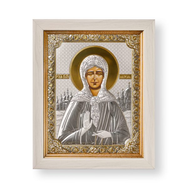 Матрона, икона прямоугольная в рамке под стеклом, белое дерево 206х258