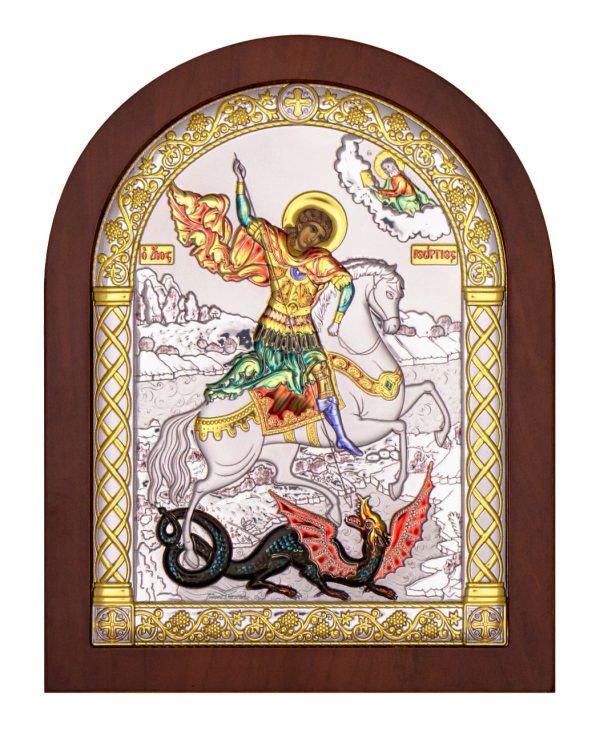 Георгий Победоносец, икона арочная, красное дерево, эмаль 175х225